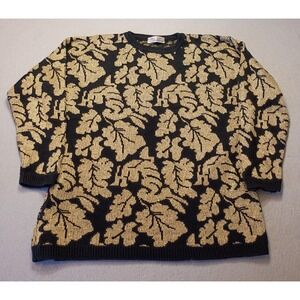 Vtg 80s Karen Scott Gold Metallic Leaf Oversized‎ Knit Mini Sweater Dress 3X